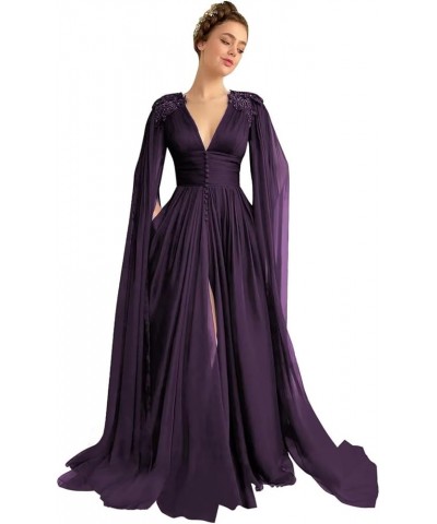 Tulle Prom Dresses with Cape V Neck Long Ball Gowns for Women Formal Lace Evening Party Gowns Slit Grape $48.88 Dresses