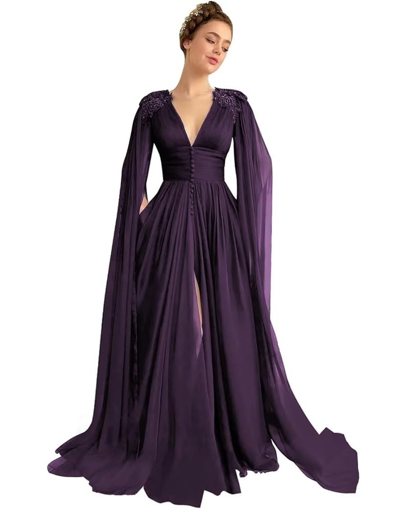 Tulle Prom Dresses with Cape V Neck Long Ball Gowns for Women Formal Lace Evening Party Gowns Slit Grape $48.88 Dresses