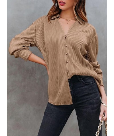 Women Elegant Blouse Long Sleeve Plisse Button Down Shirt Women Clothes Fashion Brown $16.31 Blouses