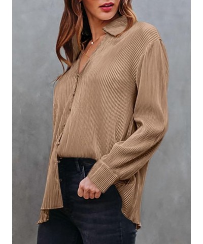 Women Elegant Blouse Long Sleeve Plisse Button Down Shirt Women Clothes Fashion Brown $16.31 Blouses