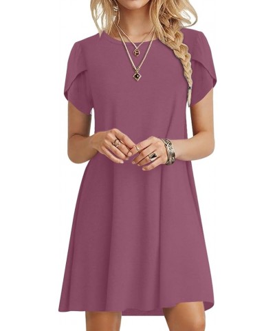 2024 Womens Summer Short Sleeve Dresses Casual Loose Crewneck Dress Swing Comfy Beach Sundress with Pockets Purple Red $16.80...