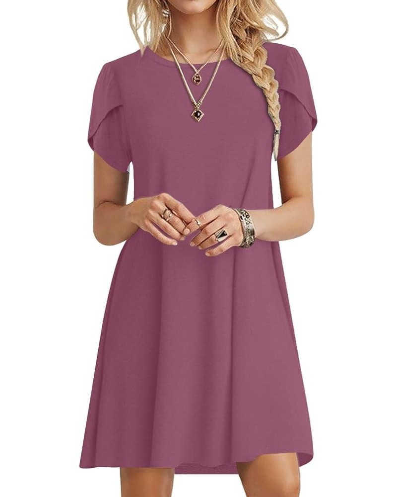 2024 Womens Summer Short Sleeve Dresses Casual Loose Crewneck Dress Swing Comfy Beach Sundress with Pockets Purple Red $16.80...