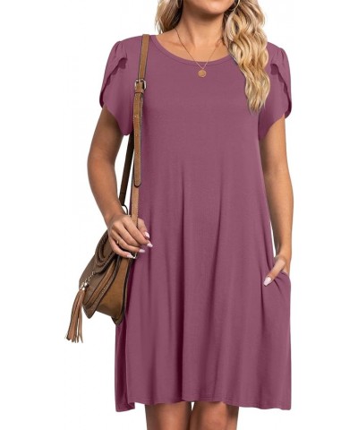 2024 Womens Summer Short Sleeve Dresses Casual Loose Crewneck Dress Swing Comfy Beach Sundress with Pockets Purple Red $16.80...