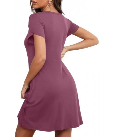 2024 Womens Summer Short Sleeve Dresses Casual Loose Crewneck Dress Swing Comfy Beach Sundress with Pockets Purple Red $16.80...