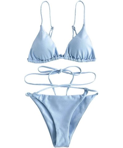 Women's Sexy Triangle Bikini Set Cami String Swimwear Texture High Cut Thong Swimsuit Cheeky Two Piece Bathing Suit Blue $20....