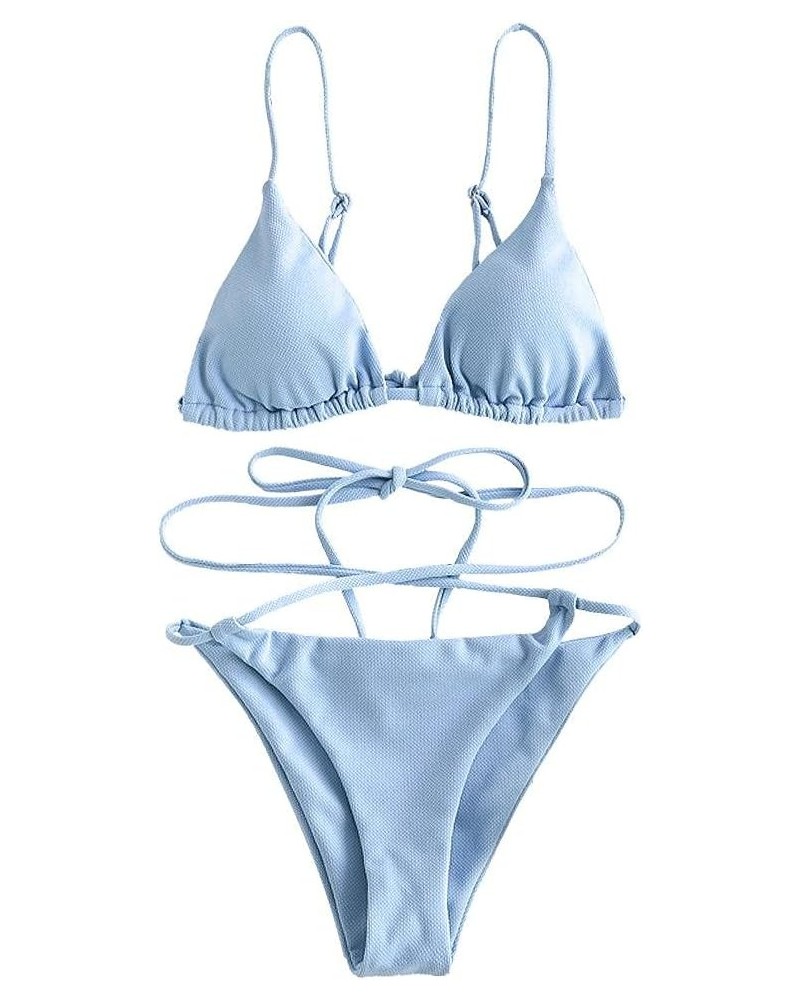 Women's Sexy Triangle Bikini Set Cami String Swimwear Texture High Cut Thong Swimsuit Cheeky Two Piece Bathing Suit Blue $20....