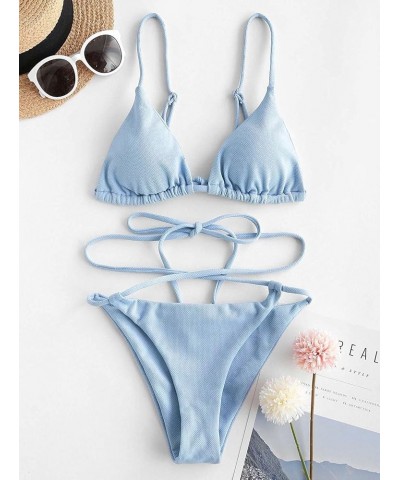 Women's Sexy Triangle Bikini Set Cami String Swimwear Texture High Cut Thong Swimsuit Cheeky Two Piece Bathing Suit Blue $20....