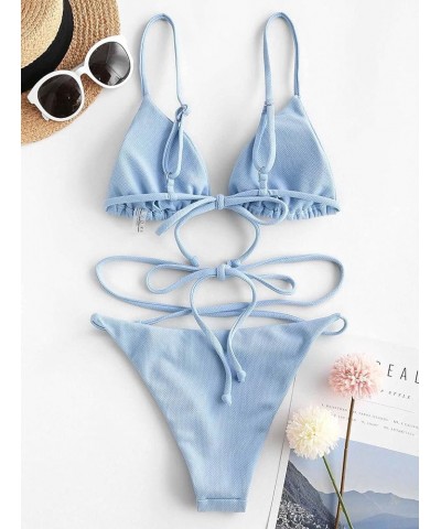 Women's Sexy Triangle Bikini Set Cami String Swimwear Texture High Cut Thong Swimsuit Cheeky Two Piece Bathing Suit Blue $20....