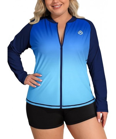 Women's Long Sleeve Rash Guard UV Sun Protection Zipper Gradient Swimsuit Top plus-size Gradient Blue $20.34 Swimsuits