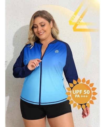 Women's Long Sleeve Rash Guard UV Sun Protection Zipper Gradient Swimsuit Top plus-size Gradient Blue $20.34 Swimsuits