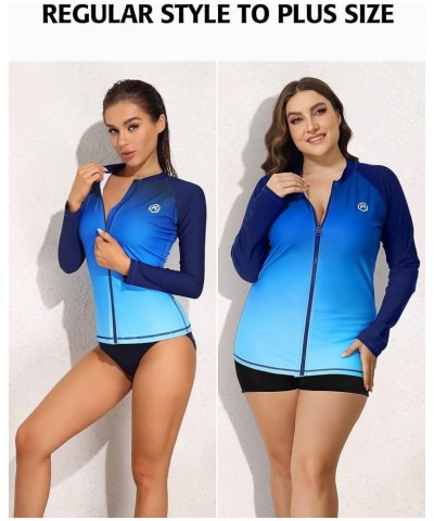 Women's Long Sleeve Rash Guard UV Sun Protection Zipper Gradient Swimsuit Top plus-size Gradient Blue $20.34 Swimsuits