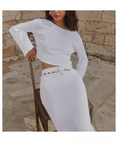 Women Crochet Knit 2 Piece Long Skirt Set Low Cut Slim Fit Crop Top Bodycon Long Skirt Cover Up Outfit Beach Wear X-white $14...