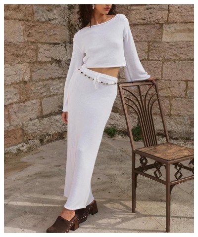 Women Crochet Knit 2 Piece Long Skirt Set Low Cut Slim Fit Crop Top Bodycon Long Skirt Cover Up Outfit Beach Wear X-white $14...