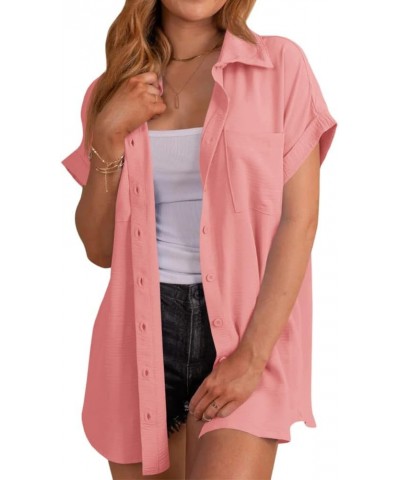 Womens Short Sleeve Button Down Shirts Casual Loose Fit Summer Shirt Blouses Tops with Pockets Pink $13.49 Blouses