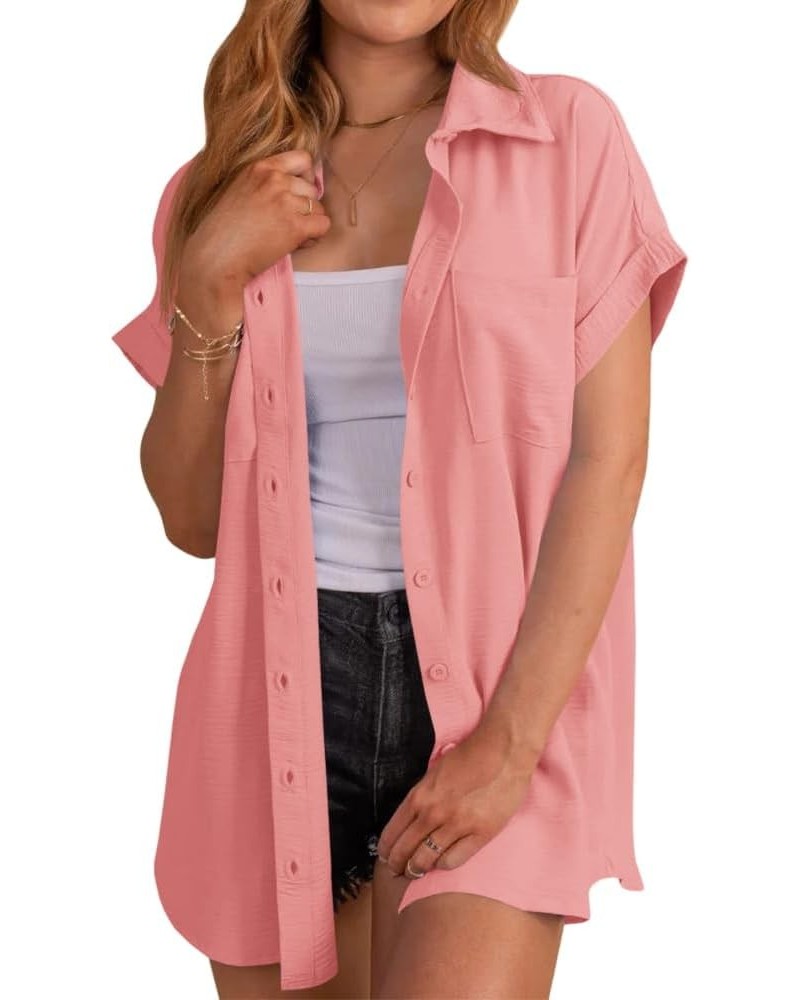 Womens Short Sleeve Button Down Shirts Casual Loose Fit Summer Shirt Blouses Tops with Pockets Pink $13.49 Blouses