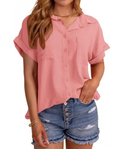 Womens Short Sleeve Button Down Shirts Casual Loose Fit Summer Shirt Blouses Tops with Pockets Pink $13.49 Blouses