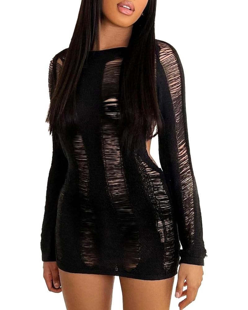 Women Sexy Hollow Out Mini Dress Crochet Knit Long Sleeve Backless Cover Up Printed Short Beach Sundress Solid Black $11.52 S...