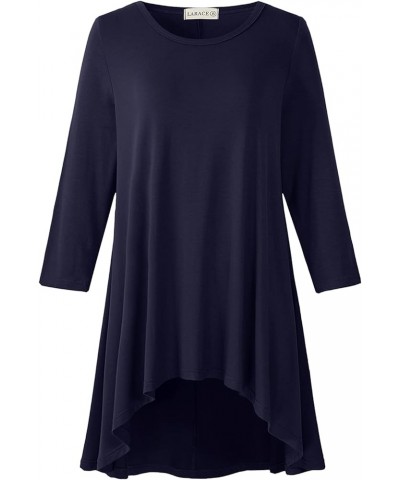 Womens Plus Size 3/4 Sleeve Loose Fit Flare Swing Tunic Tops Floral High Low Basic T Shirt Navy Blue $9.53 Tops