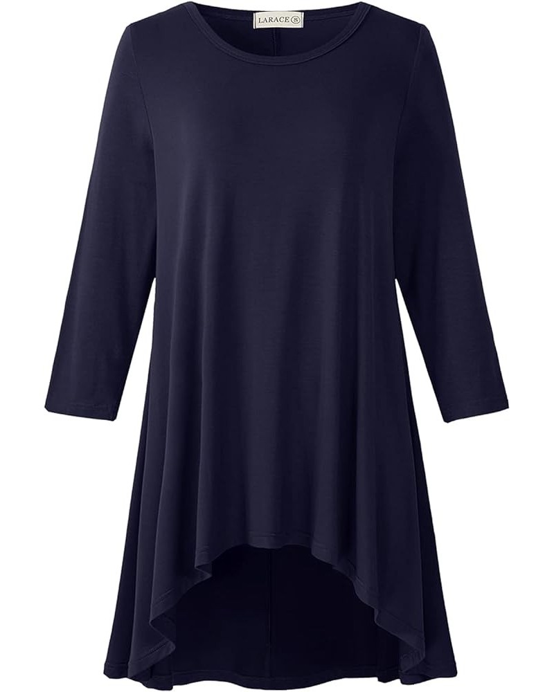 Womens Plus Size 3/4 Sleeve Loose Fit Flare Swing Tunic Tops Floral High Low Basic T Shirt Navy Blue $9.53 Tops