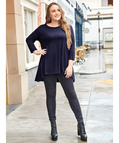 Womens Plus Size 3/4 Sleeve Loose Fit Flare Swing Tunic Tops Floral High Low Basic T Shirt Navy Blue $9.53 Tops