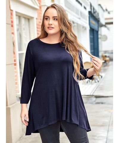 Womens Plus Size 3/4 Sleeve Loose Fit Flare Swing Tunic Tops Floral High Low Basic T Shirt Navy Blue $9.53 Tops