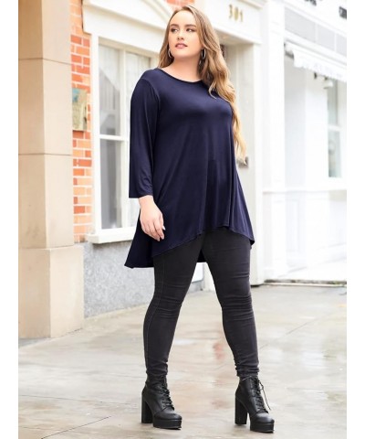 Womens Plus Size 3/4 Sleeve Loose Fit Flare Swing Tunic Tops Floral High Low Basic T Shirt Navy Blue $9.53 Tops