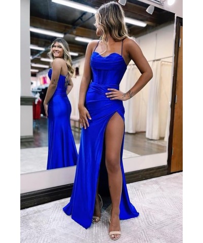 Mermaid Prom Dresses with Slit 2022 Plus Size Satin Long Evening Formal Dresses for Women Cocktail Party Royal Blue $45.89 Dr...