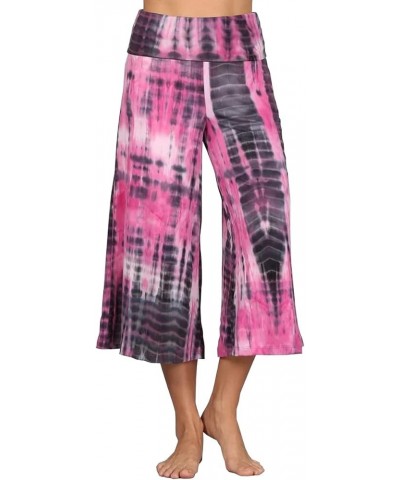 Women's Solid Tie Dye Wide Leg Flared Capri Boho Gaucho Pants w/Lace Detail Fuchsia Pink Grey $14.62 Pants