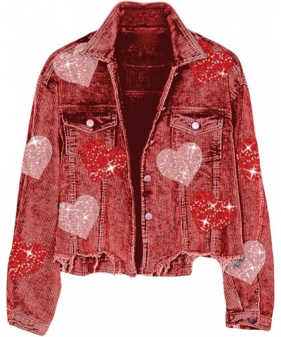 Women's Heart Corduroy Sequin Jacket Valentine's Day Long Sleeve Cropped Distresses Shacket Coat Red $22.95 Jackets