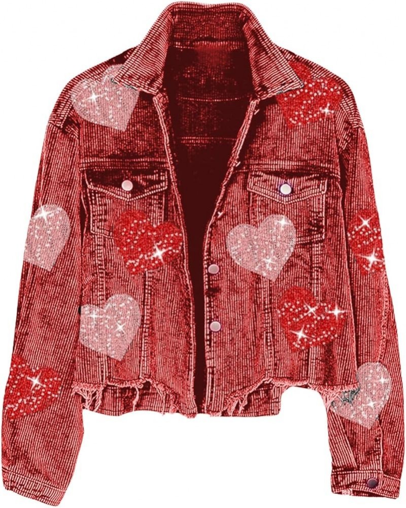 Women's Heart Corduroy Sequin Jacket Valentine's Day Long Sleeve Cropped Distresses Shacket Coat Red $22.95 Jackets