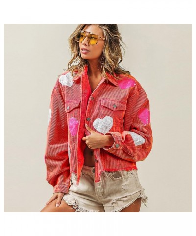 Women's Heart Corduroy Sequin Jacket Valentine's Day Long Sleeve Cropped Distresses Shacket Coat Red $22.95 Jackets