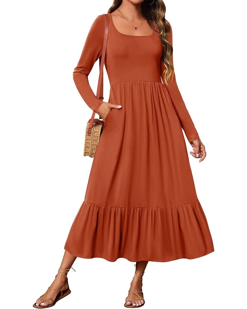 Women's 2024 Spring Dresses Long Sleeve Square Neck Summer Casual Swing Maxi Dress with Pockets Rust $20.39 Dresses