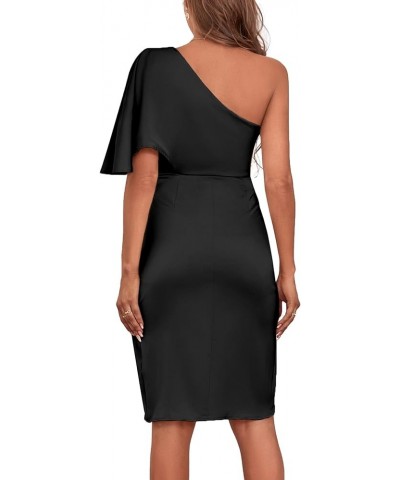 Women's Satin Ruffle One Shoulder Ruched Split Wrap Front Cocktail Midi Bodycon Dress Black $19.27 Dresses