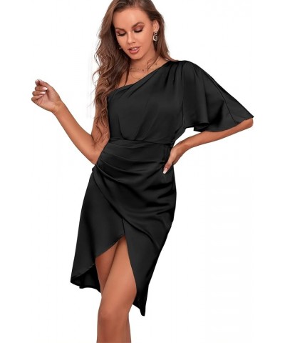 Women's Satin Ruffle One Shoulder Ruched Split Wrap Front Cocktail Midi Bodycon Dress Black $19.27 Dresses