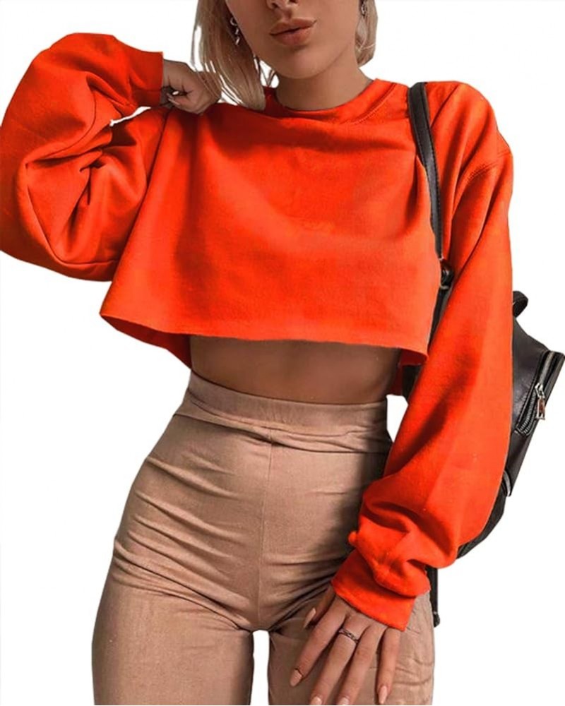 Women's Crewneck Long Sleeve Crop Tops Workout Casual Pullover Loose Sweatshirts Orange $19.75 Hoodies & Sweatshirts