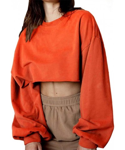 Women's Crewneck Long Sleeve Crop Tops Workout Casual Pullover Loose Sweatshirts Orange $19.75 Hoodies & Sweatshirts