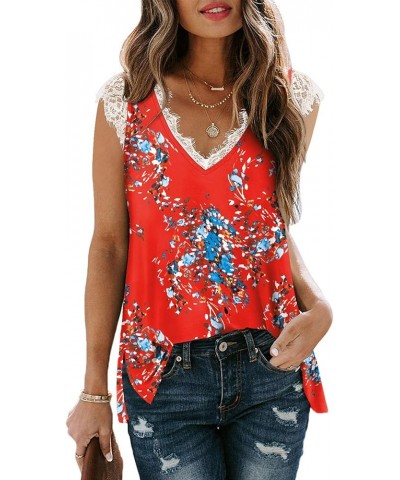 Women's V Neck Lace Tank Tops Summer Casual Sleeveless Shirts Tops Side Split 25-red Floral $10.79 Tanks