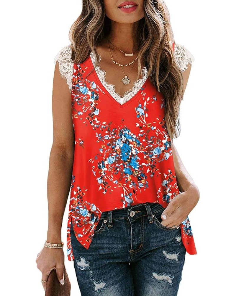 Women's V Neck Lace Tank Tops Summer Casual Sleeveless Shirts Tops Side Split 25-red Floral $10.79 Tanks