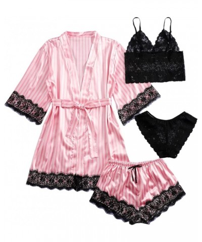 Women's Satin Pajama Set 4pcs Floral Lace Trim Cami Lingerie Sleepwear with Robe Striped Pink $15.51 Sleep & Lounge