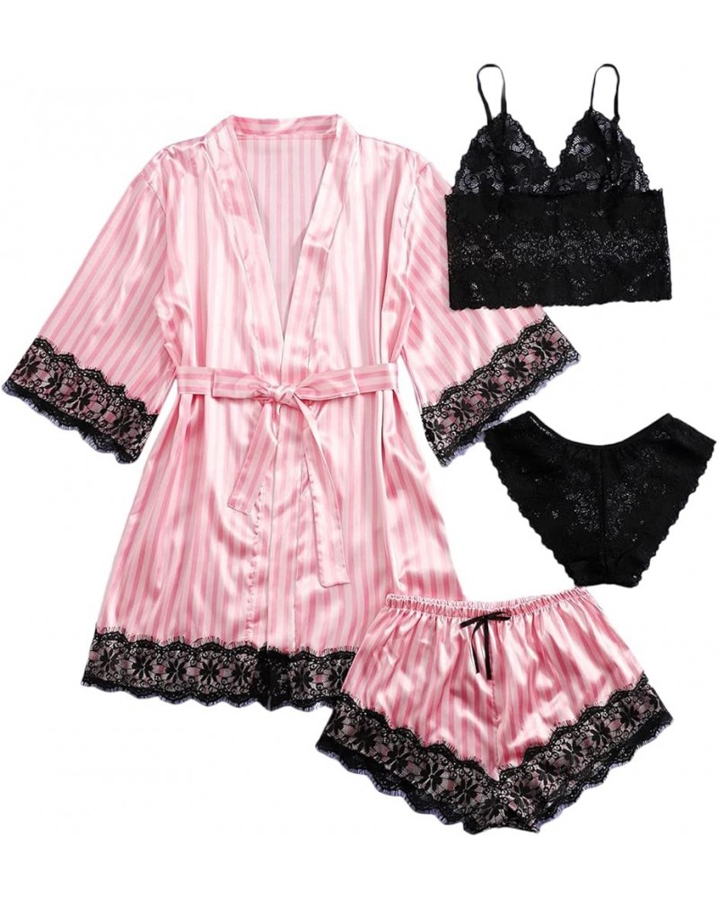 Women's Satin Pajama Set 4pcs Floral Lace Trim Cami Lingerie Sleepwear with Robe Striped Pink $15.51 Sleep & Lounge