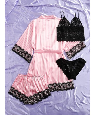 Women's Satin Pajama Set 4pcs Floral Lace Trim Cami Lingerie Sleepwear with Robe Striped Pink $15.51 Sleep & Lounge