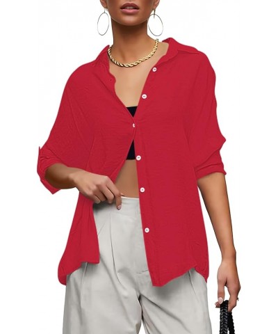 Womens Button Down V Neck Collared Shirts Dressy Casual Long Sleeve Roll Up Blouses Loose Cover Ups Tunic Tops Red $17.69 Blo...