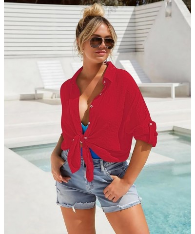 Womens Button Down V Neck Collared Shirts Dressy Casual Long Sleeve Roll Up Blouses Loose Cover Ups Tunic Tops Red $17.69 Blo...