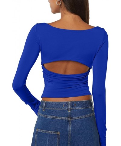 Women's Sexy Ruched Deep V Neck Long Sleeve Low Cut Top Slim Fitted T Shirt Open Back Tee Fall Going Out Shirts Blue $9.27 T-...