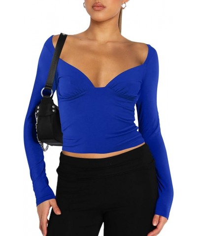 Women's Sexy Ruched Deep V Neck Long Sleeve Low Cut Top Slim Fitted T Shirt Open Back Tee Fall Going Out Shirts Blue $9.27 T-...