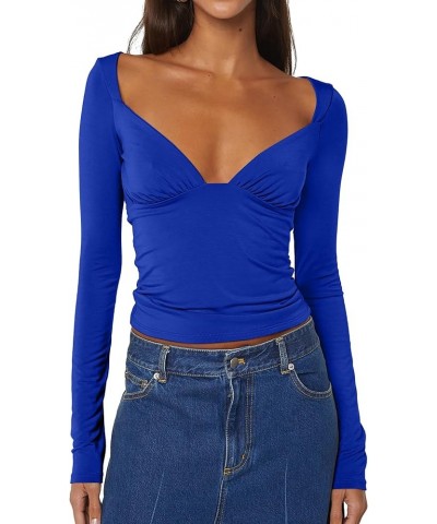 Women's Sexy Ruched Deep V Neck Long Sleeve Low Cut Top Slim Fitted T Shirt Open Back Tee Fall Going Out Shirts Blue $9.27 T-...