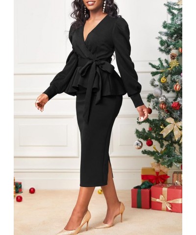 Elegant Dresses for Women Sexy Church Long Ruffles Sleeve Business Pencil Vintage Peplum Dress Wear to Work Peplum/Black $10....