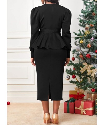 Elegant Dresses for Women Sexy Church Long Ruffles Sleeve Business Pencil Vintage Peplum Dress Wear to Work Peplum/Black $10....