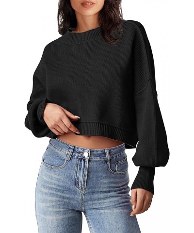 Women's 2024 Crewneck Cropped Sweater Fall Batwing Sleeve Oversized Side Slit Ribbed Knit Pullover Jumper Tops Black $19.68 S...