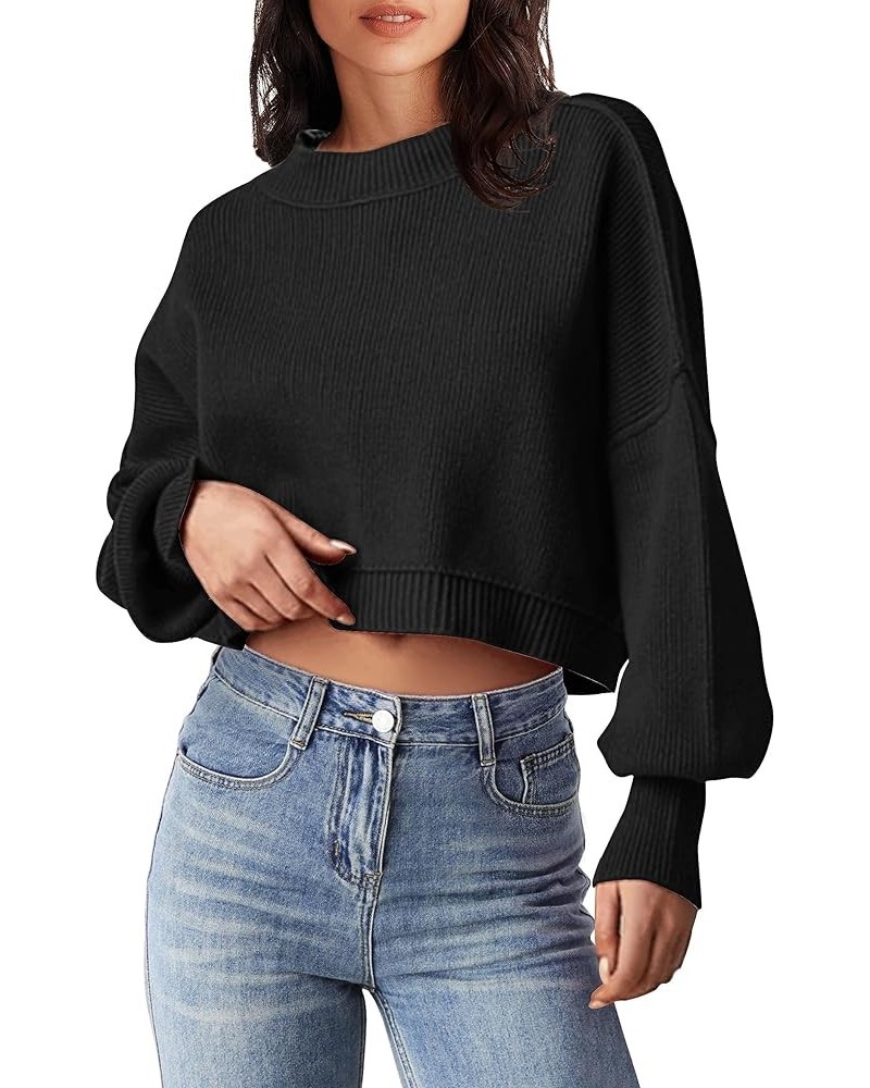 Women's 2024 Crewneck Cropped Sweater Fall Batwing Sleeve Oversized Side Slit Ribbed Knit Pullover Jumper Tops Black $19.68 S...